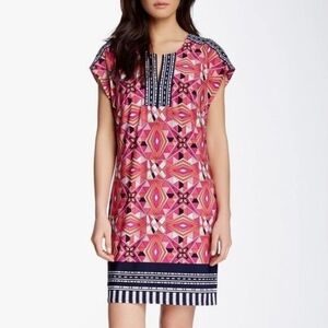 Laundry By Shelli Segal Pink Blue Graphic Cap Sleeve Shift Dress - Size L